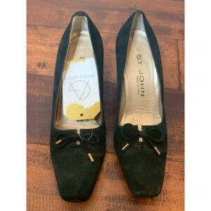 St. John Black Suede Bow Cuban Heel Square Toe Pumps, Size 6